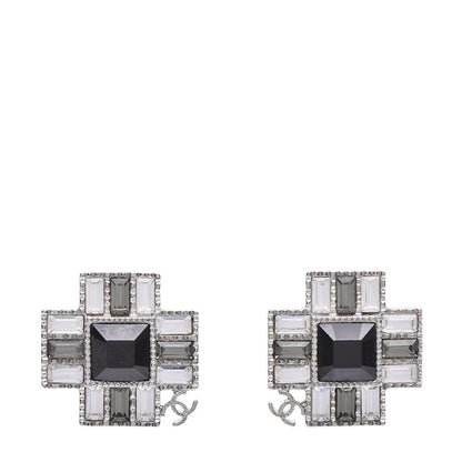 Chanel Baguette Crystal CC Earrings Silver Black 1 of 6