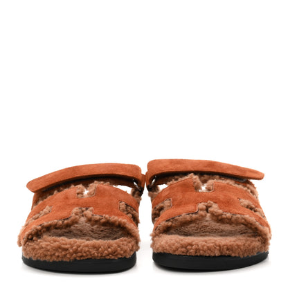 Hermes Suede Goatskin Shearling Womens Chypre Sandals 38 Gold 3 of 8