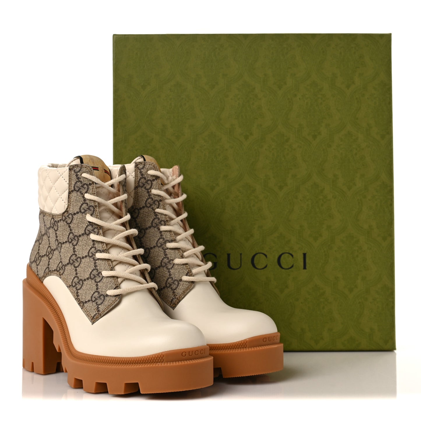 Calfskin GG Supreme Monogram Nappa Quilted Lace Up Ankle Boots 39 Mystic White Beige