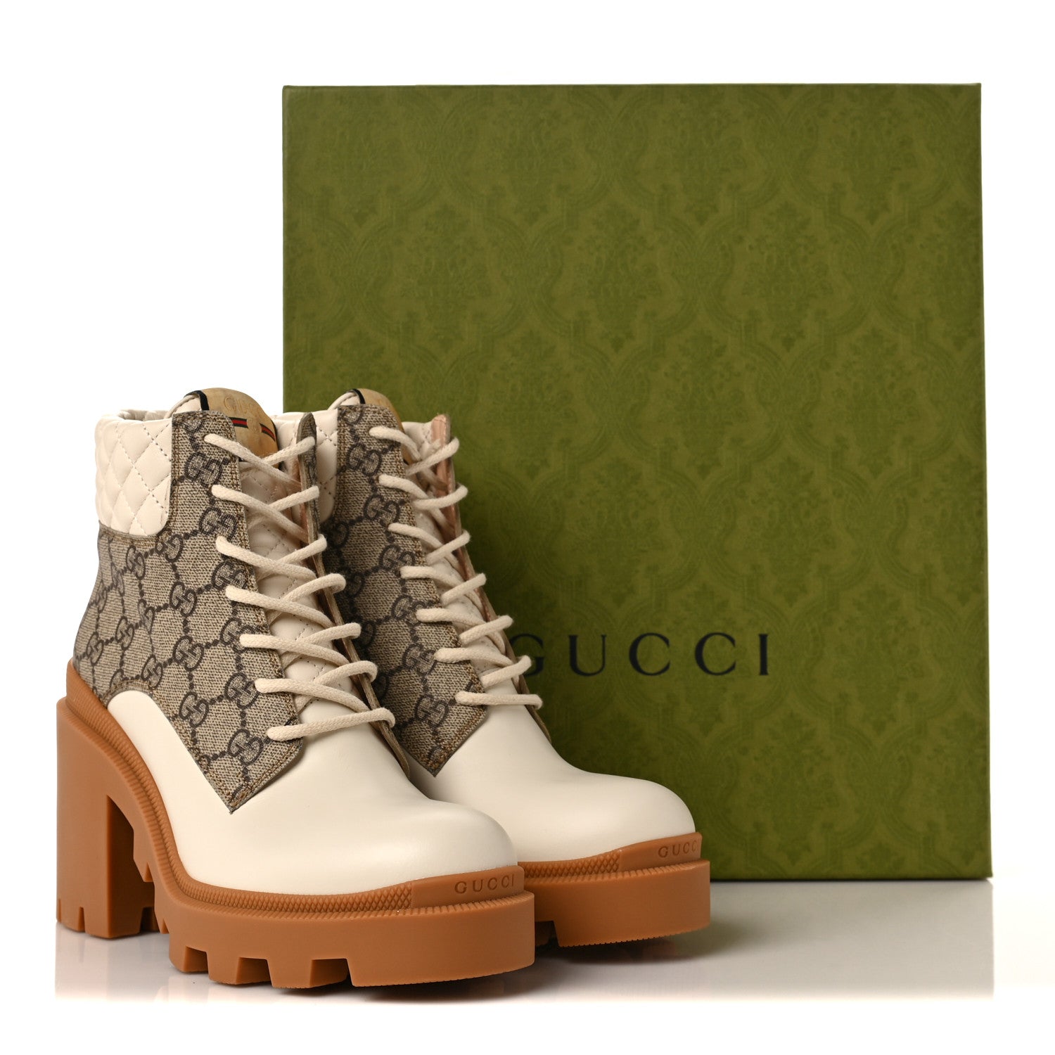 Gucci Calfskin GG Supreme Monogram Nappa Quilted Lace Up Ankle Boots 39 Mystic White Beige 7 of 7