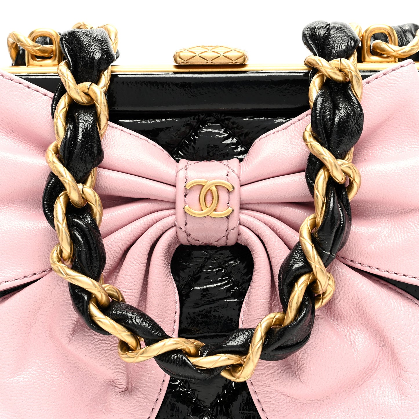Patent Crumpled Lambskin Quilted Clutch With Chain Black Pink