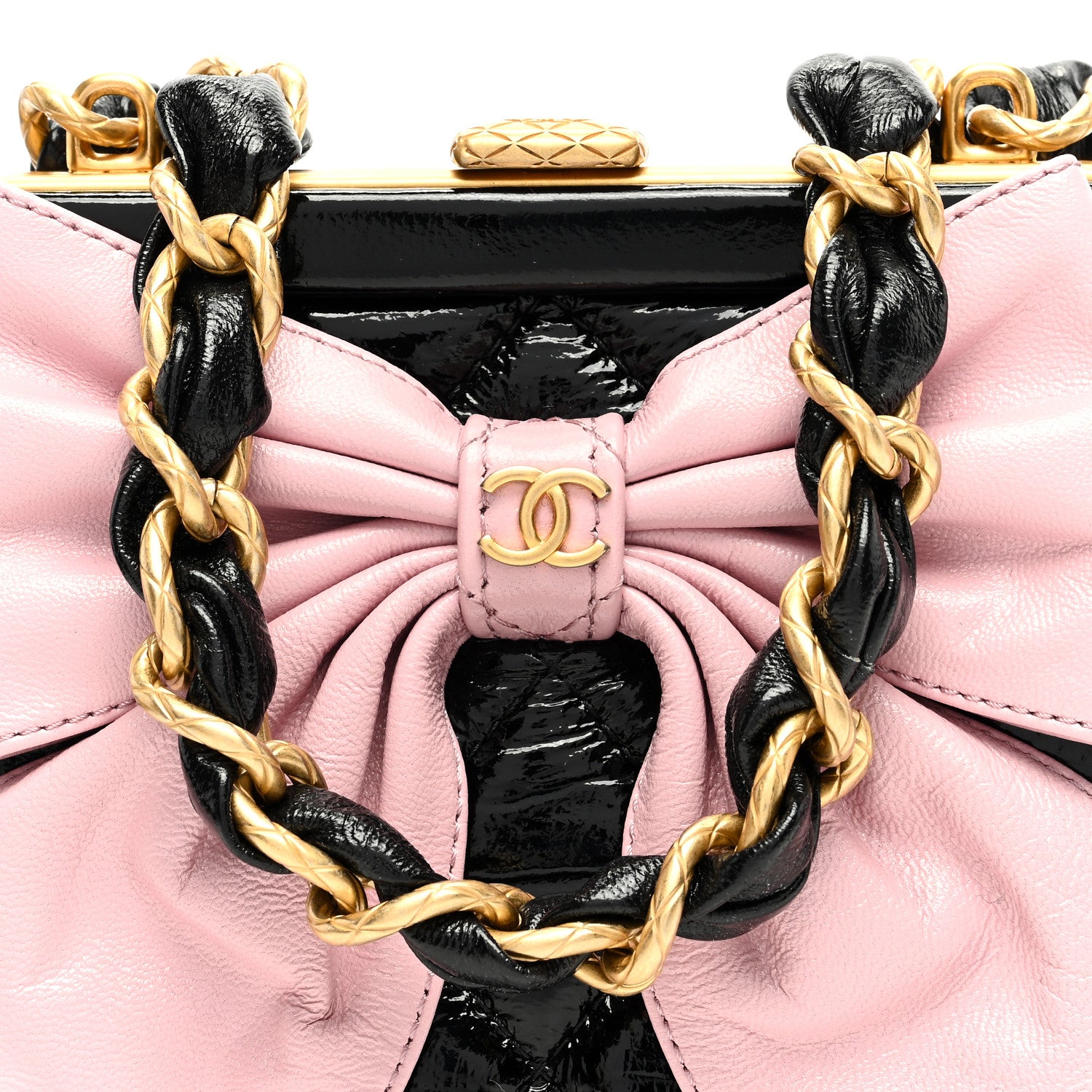 Chanel Patent Crumpled Lambskin Quilted Clutch With Chain Black Pink 8 of 10