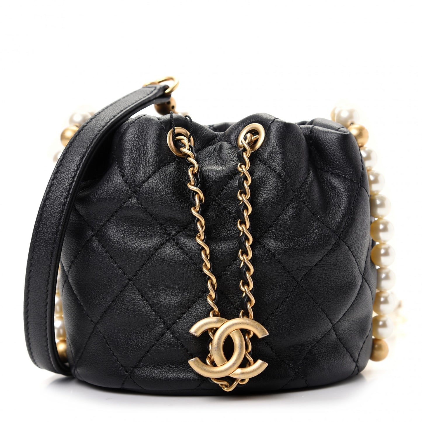Calfskin Quilted Pearl Mini About Pearls Drawstring Bucket Bag Black