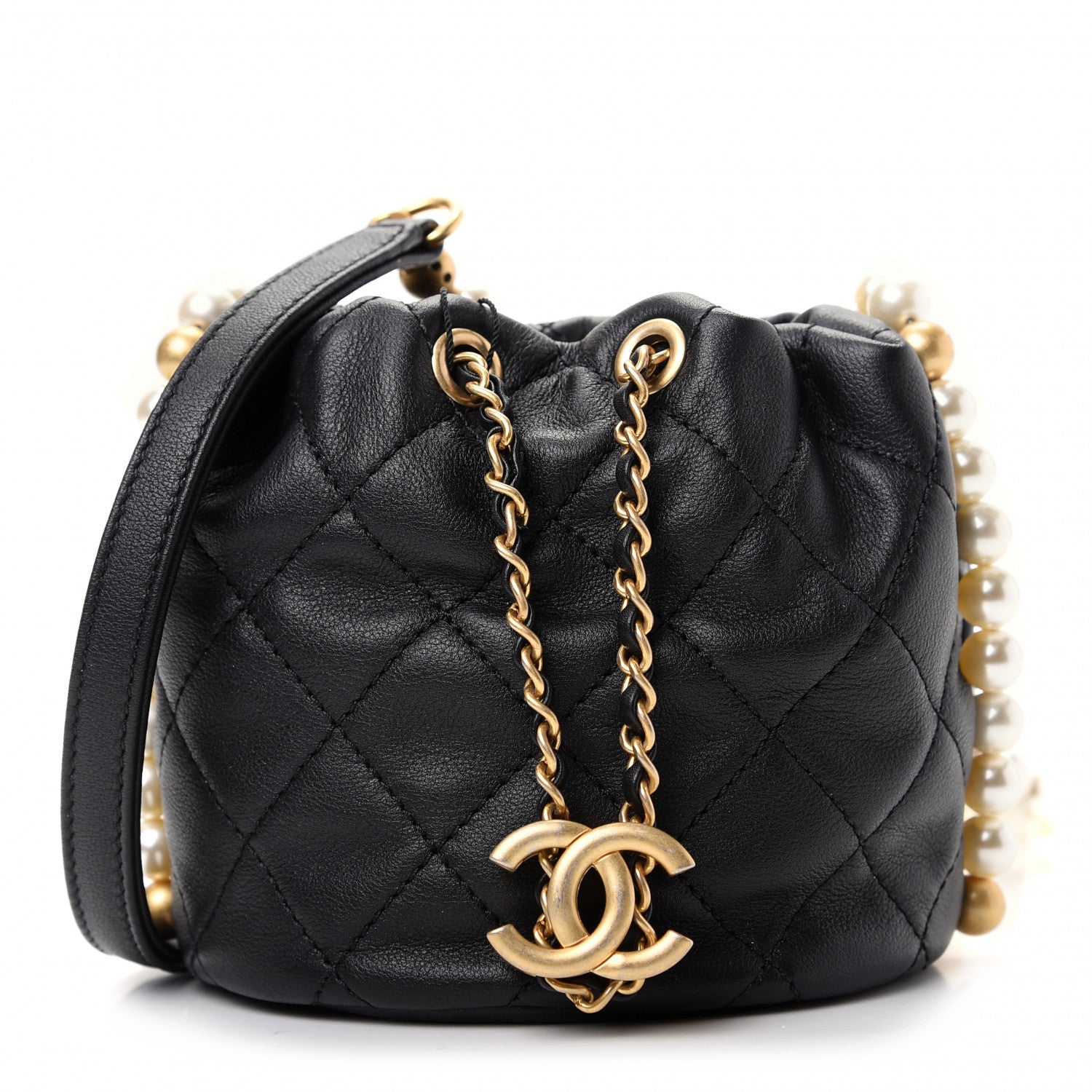 Chanel Calfskin Quilted Pearl Mini About Pearls Drawstring Bucket Bag Black 1 of 10