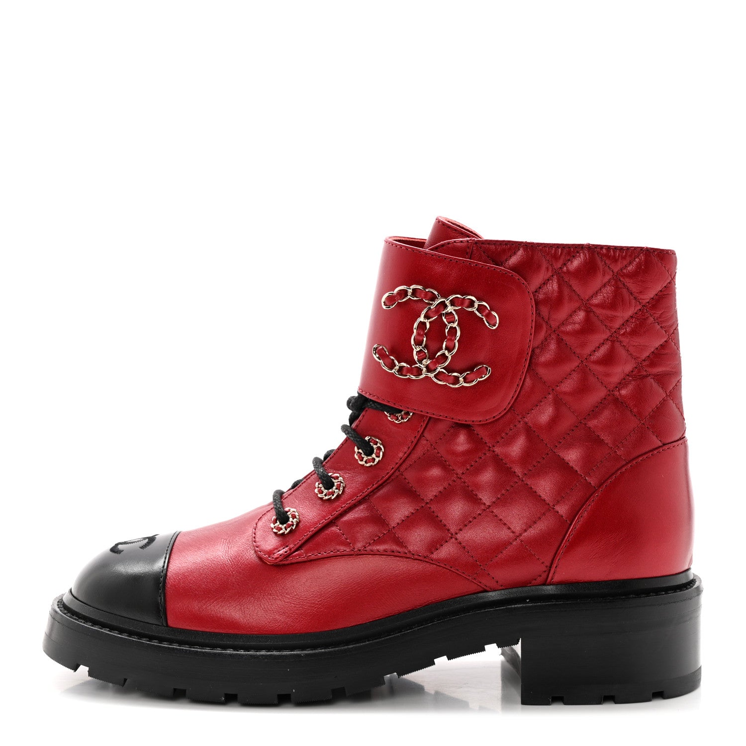 Chanel Shiny Lambskin Quilted Lace Up Combat Boots 40.5 Red 1 of 12