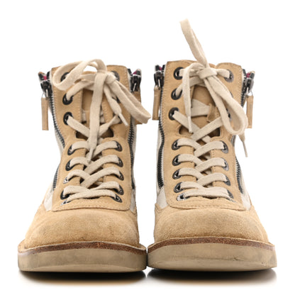 Chanel Toile Suede Calfskin CC Lace Up Short Boots 38 Light Beige 2 of 10