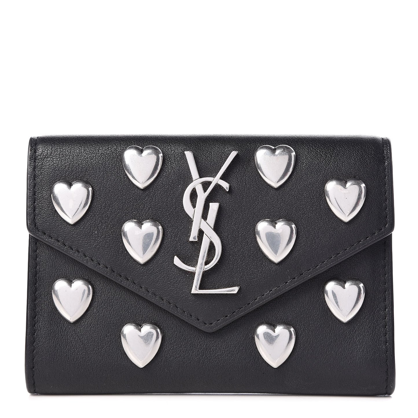 Calfskin Heart Studded Small Envelope Wallet Black