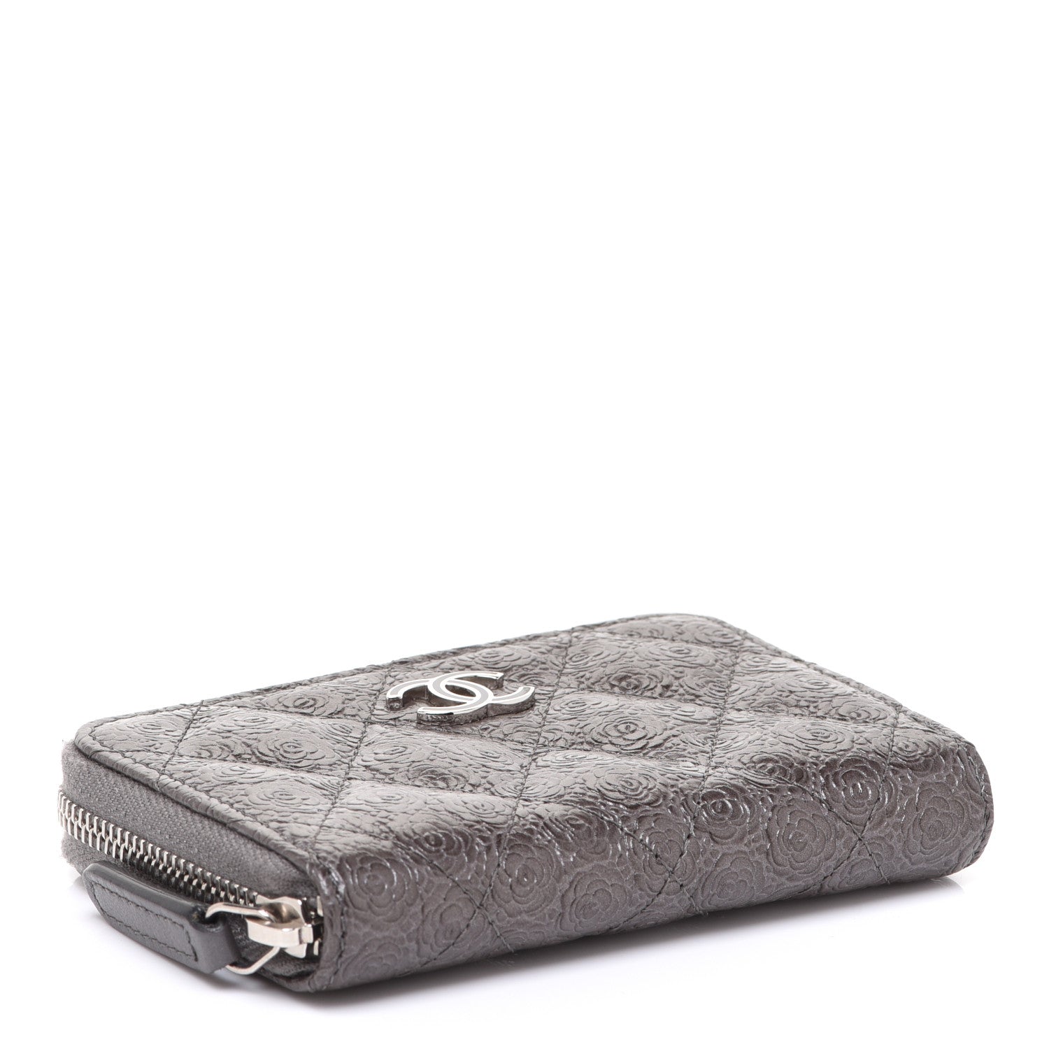 Chanel Metallic Calfskin Camellia Embossed Zip Coin Purse Grey 4 of 9