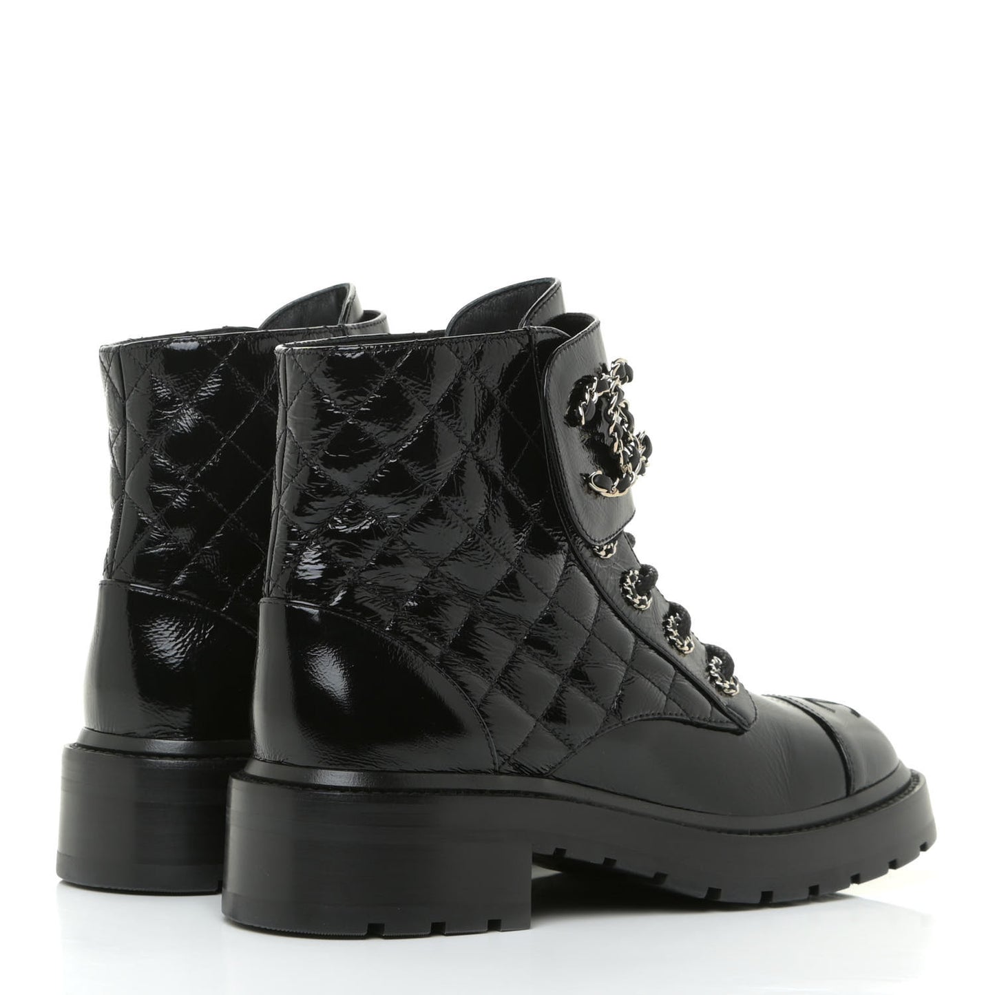 Shiny Calfskin Quilted Lace Up Combat Boots 37.5 Black