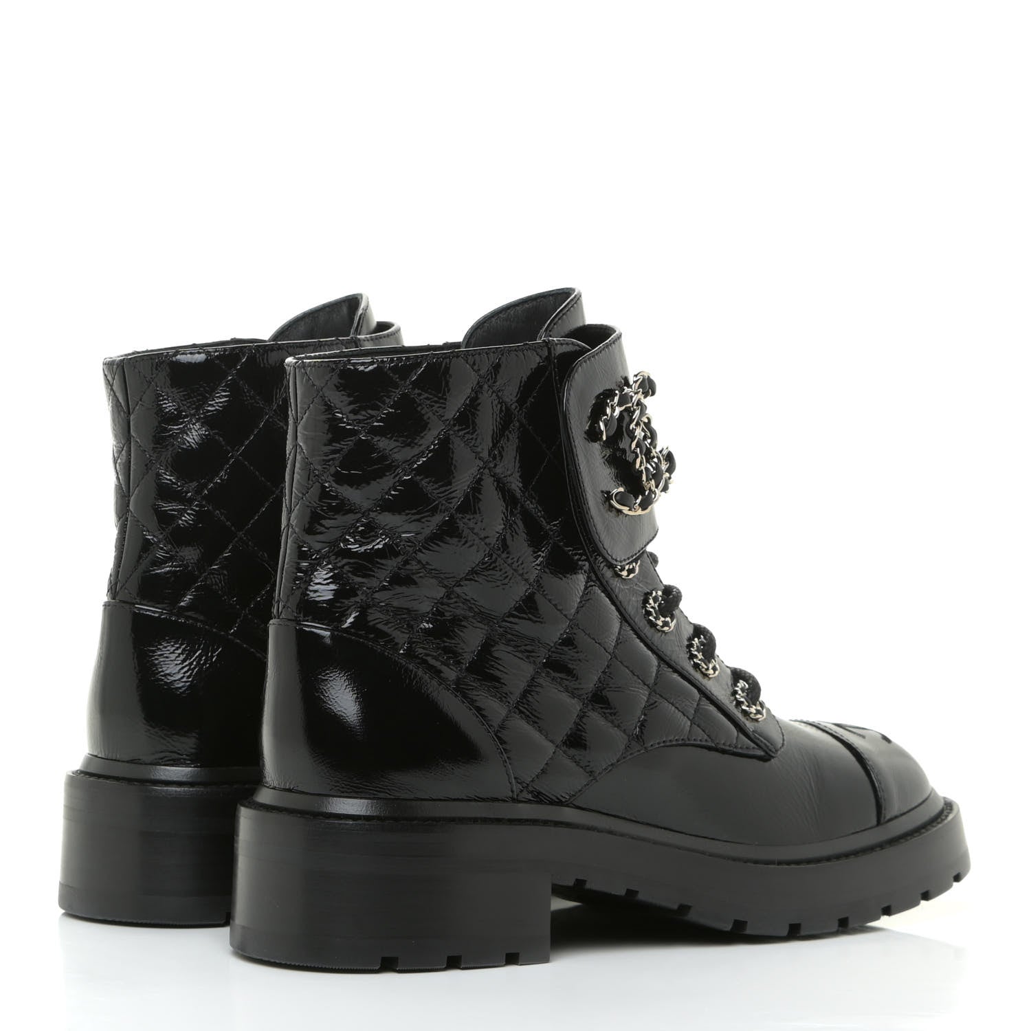 Chanel Shiny Calfskin Quilted Lace Up Combat Boots 37.5 Black 5 of 15