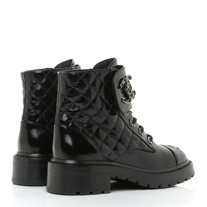 Chanel Shiny Calfskin Quilted Lace Up Combat Boots 37.5 Black 5 of 15
