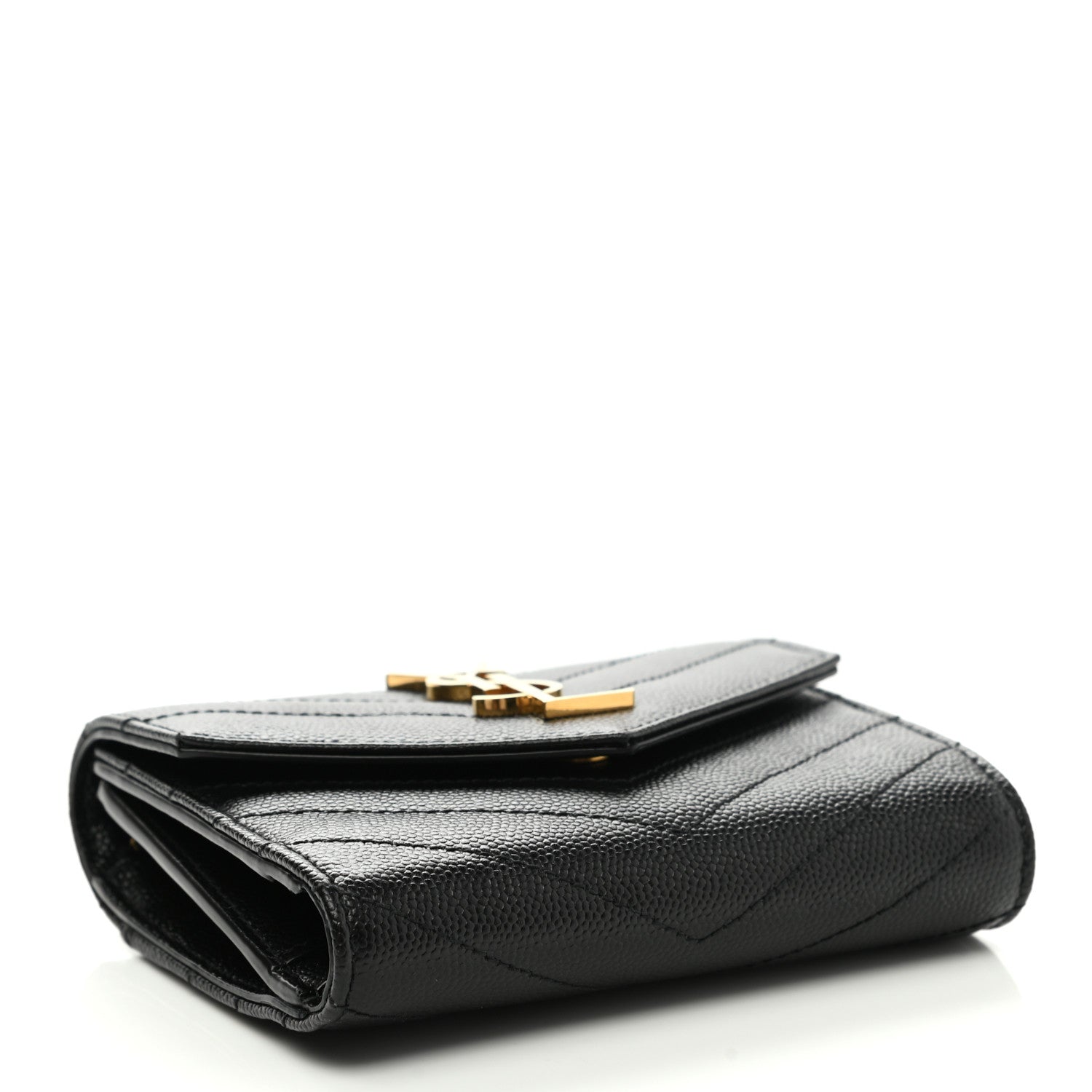Saint Laurent Grain De Poudre Matelasse Chevron Monogram Compact Tri Fold Wallet Black 4 of 8