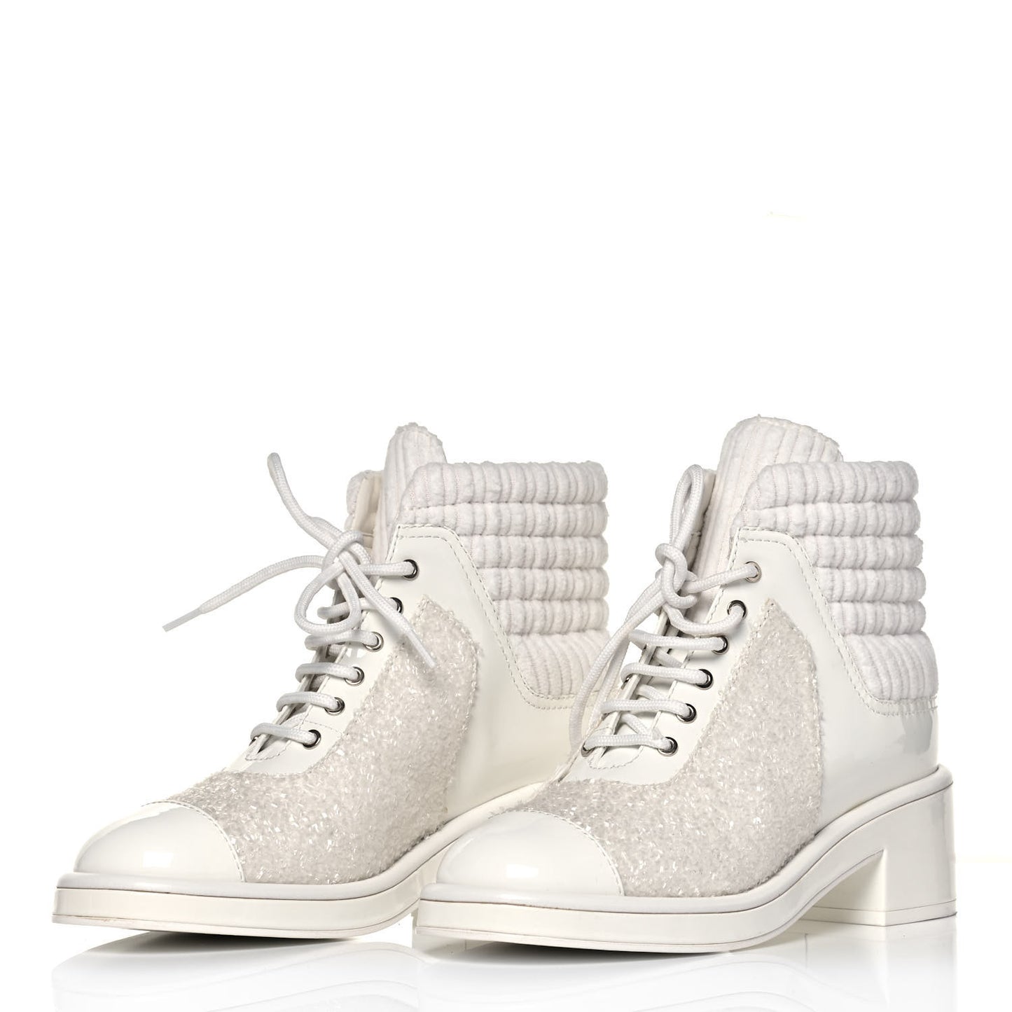 Tweed Patent Calfskin Velvet Lace Up Boots 39 White