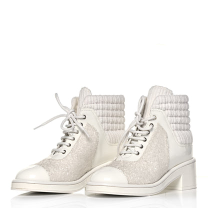 Chanel Tweed Patent Calfskin Velvet Lace Up Boots 39 White 3 of 8