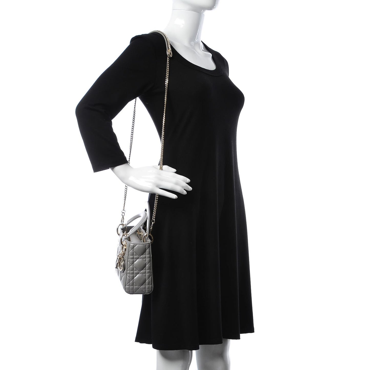 Metallic Lambskin Cannage Mini Lady Dior Grey