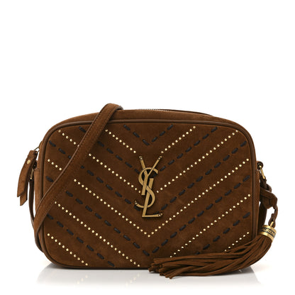 Saint Laurent Suede Studded Woven Monogram Lou Camera Bag Dark Cookie 1 of 11