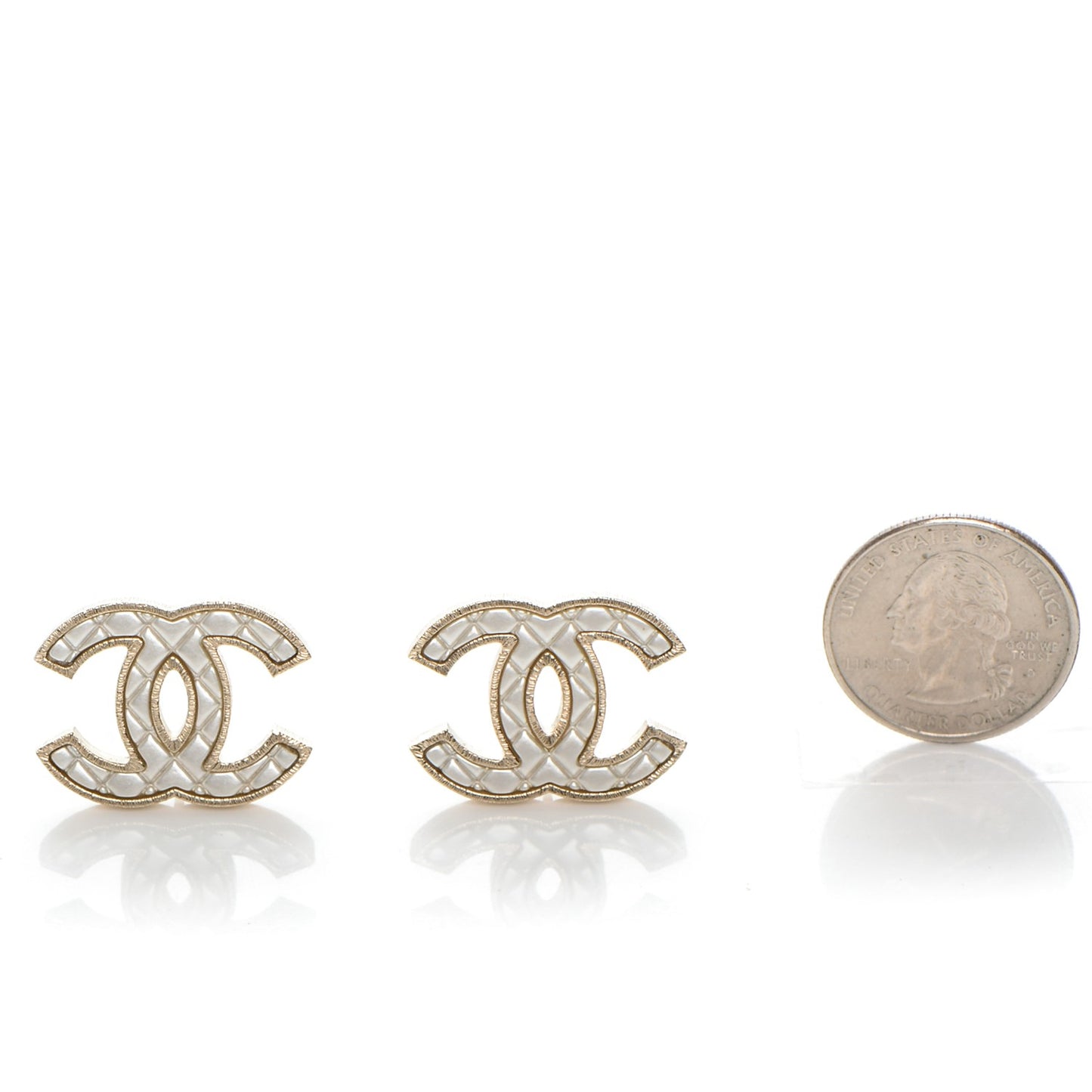 Metal Quilted CC Earrings Gold White