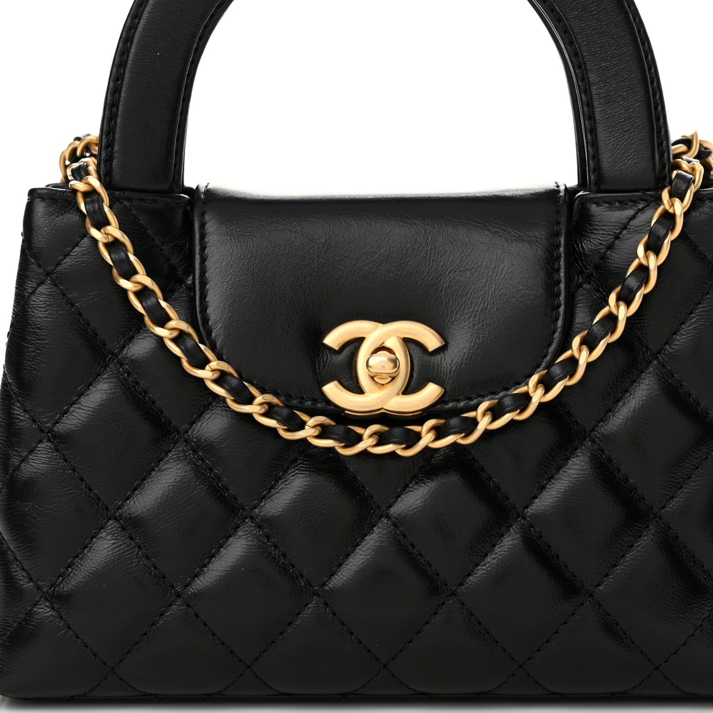 Shiny Aged Calfskin Quilted Nano Kelly Shopper Black