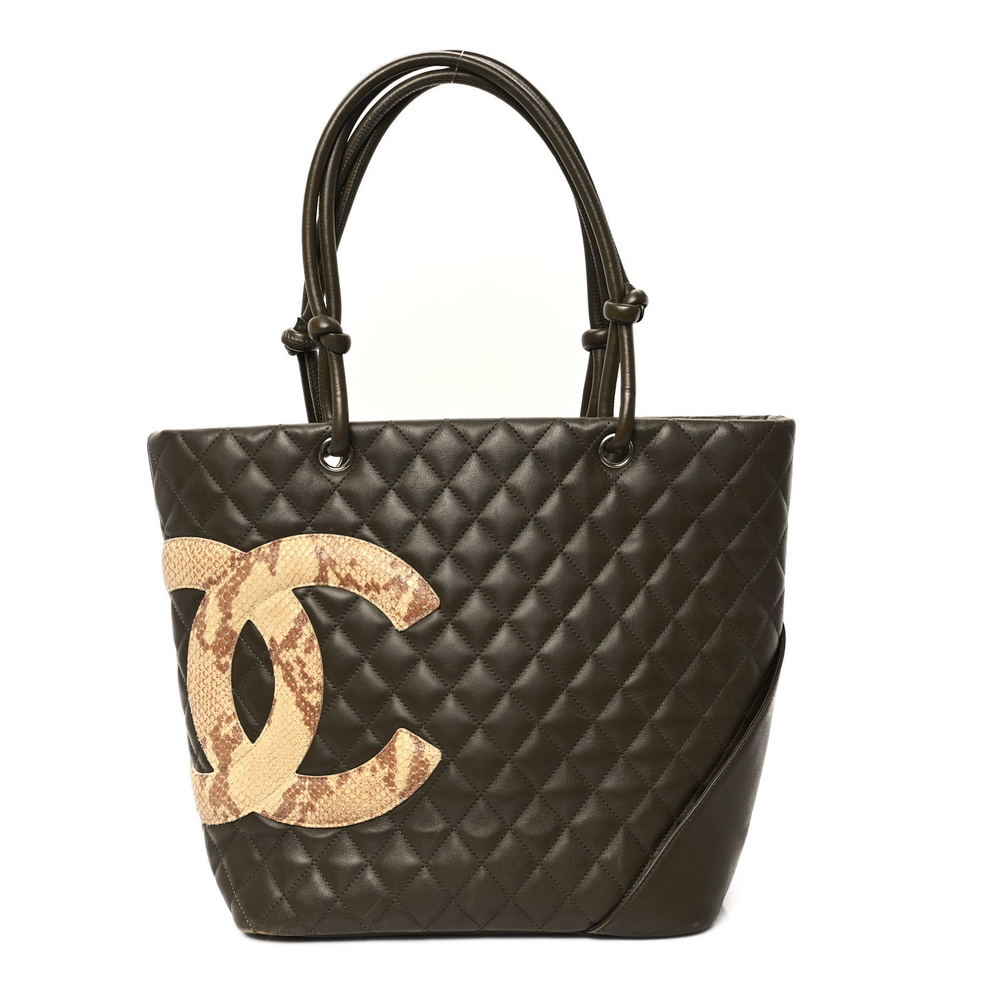Calfskin Snakeskin Quilted Large Cambon Tote Khaki