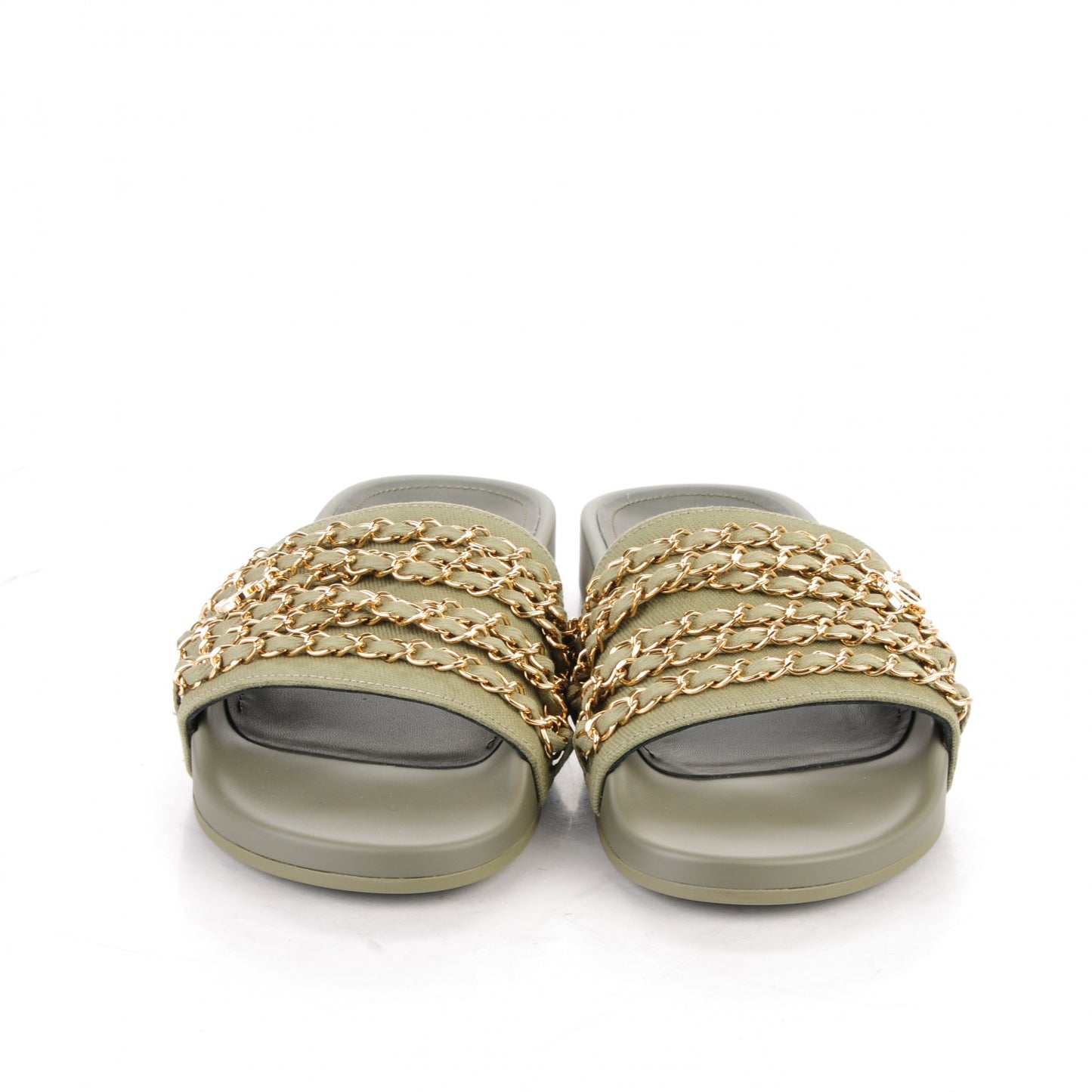 Lambskin Canvas Chain Flat Sandals 38 Khaki