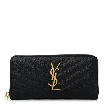 Saint Laurent Grain De Poudre Matelasse Chevron Monogram Zip Around Wallet Black 1 of 4
