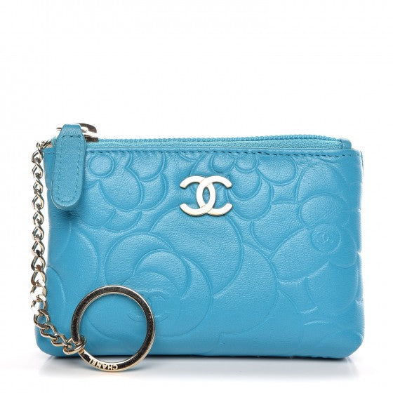 Lambskin Camellia Embossed Key Holder Case Turquoise