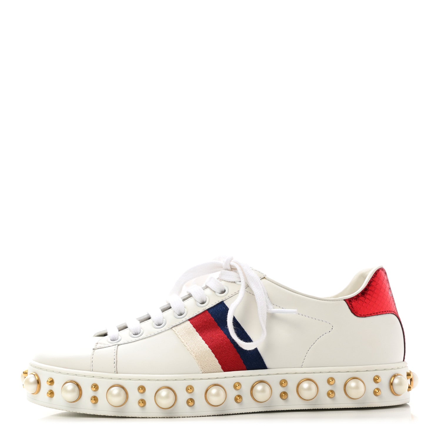 Gucci Calfskin Ayers Web Pearl Studded Womens Ace Sneakers 37 White 1 of 9