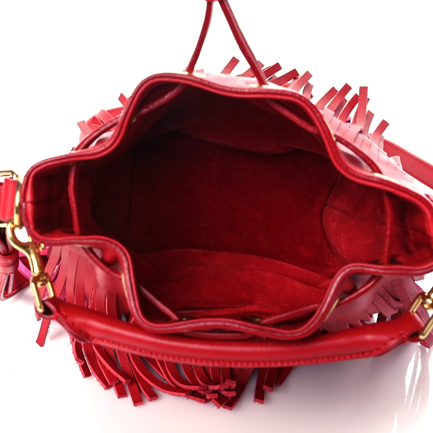 Saint Laurent Calfskin Tri-Color Small Emmanuelle Fringe Bucket Bag Red Bubblegum Purple 6 of 11