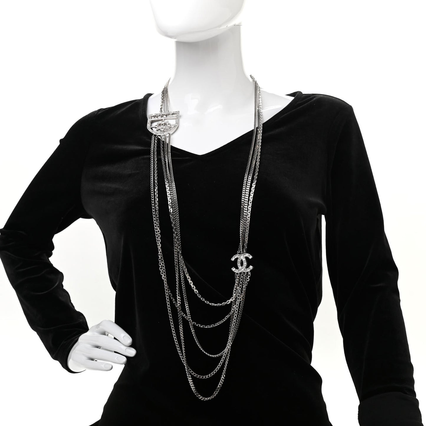 Baguette Crystal CC Shield Multi Strand Long Chain Necklace Silver