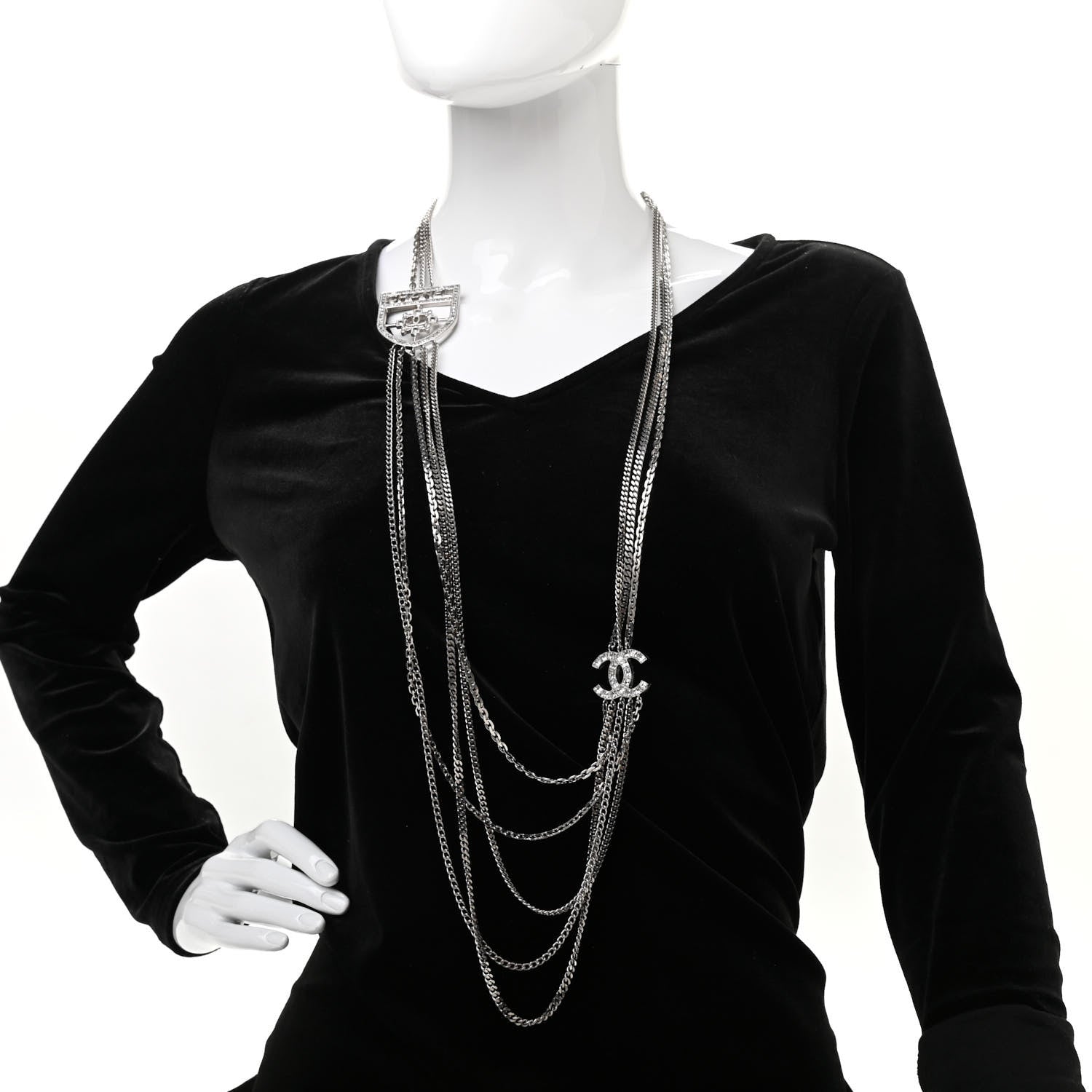 Chanel Baguette Crystal CC Shield Multi Strand Long Chain Necklace Silver 2 of 7