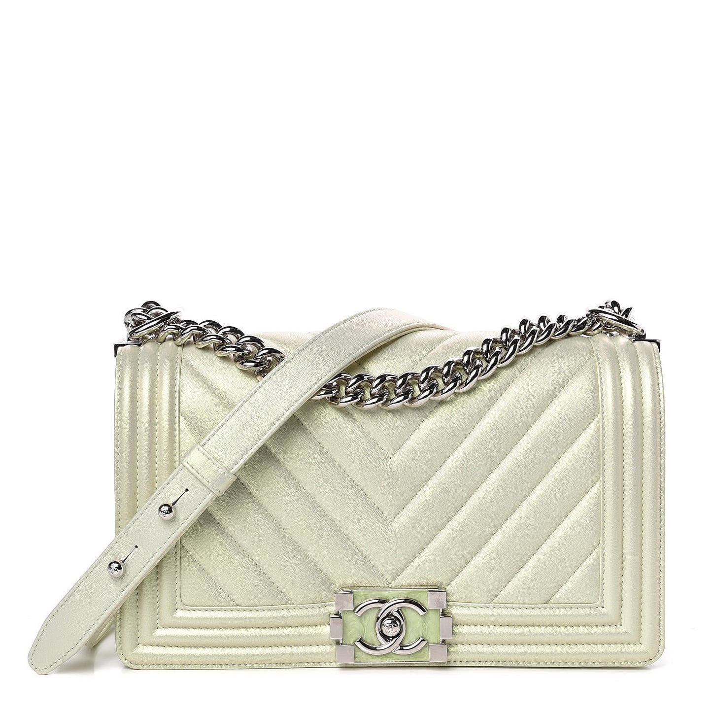 Iridescent Lambskin Chevron Quilted Medium Boy Flap Green