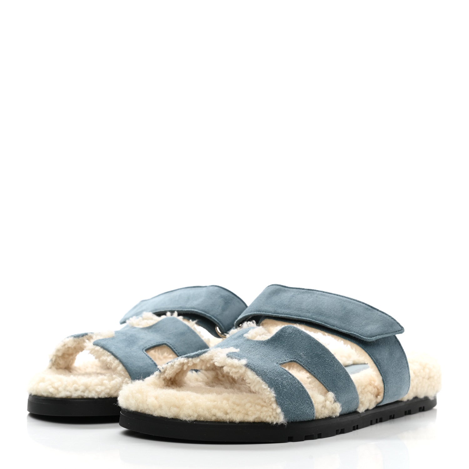 Hermes Suede Goatskin Woolskin Womens Chypre Sandals 36.5 Bleu Pinede Ecru 3 of 8