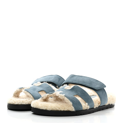 Hermes Suede Goatskin Woolskin Womens Chypre Sandals 36.5 Bleu Pinede Ecru 3 of 8