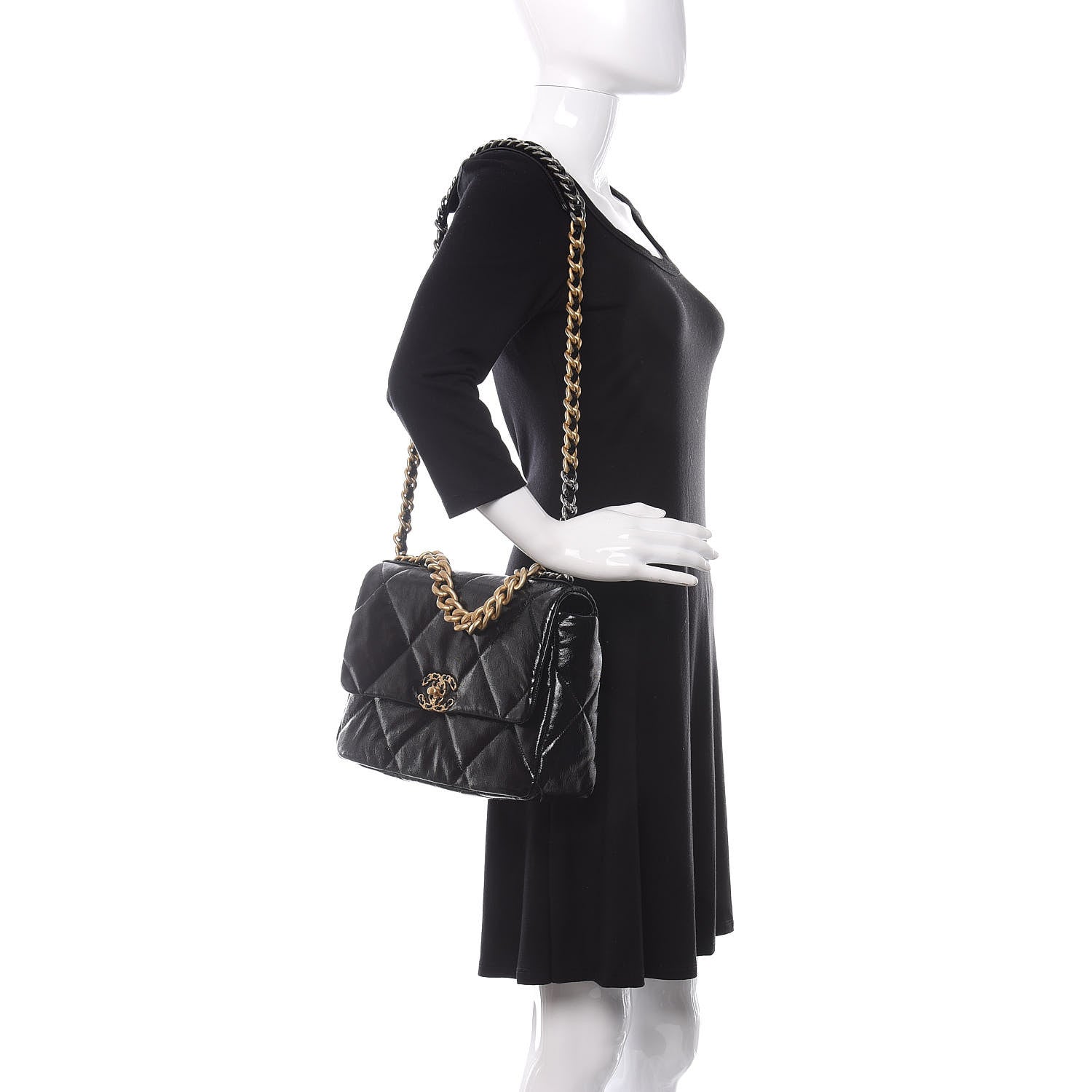 Chanel Shiny Crumpled Calfskin Quilted Large 19 Flap Black 2 of 11