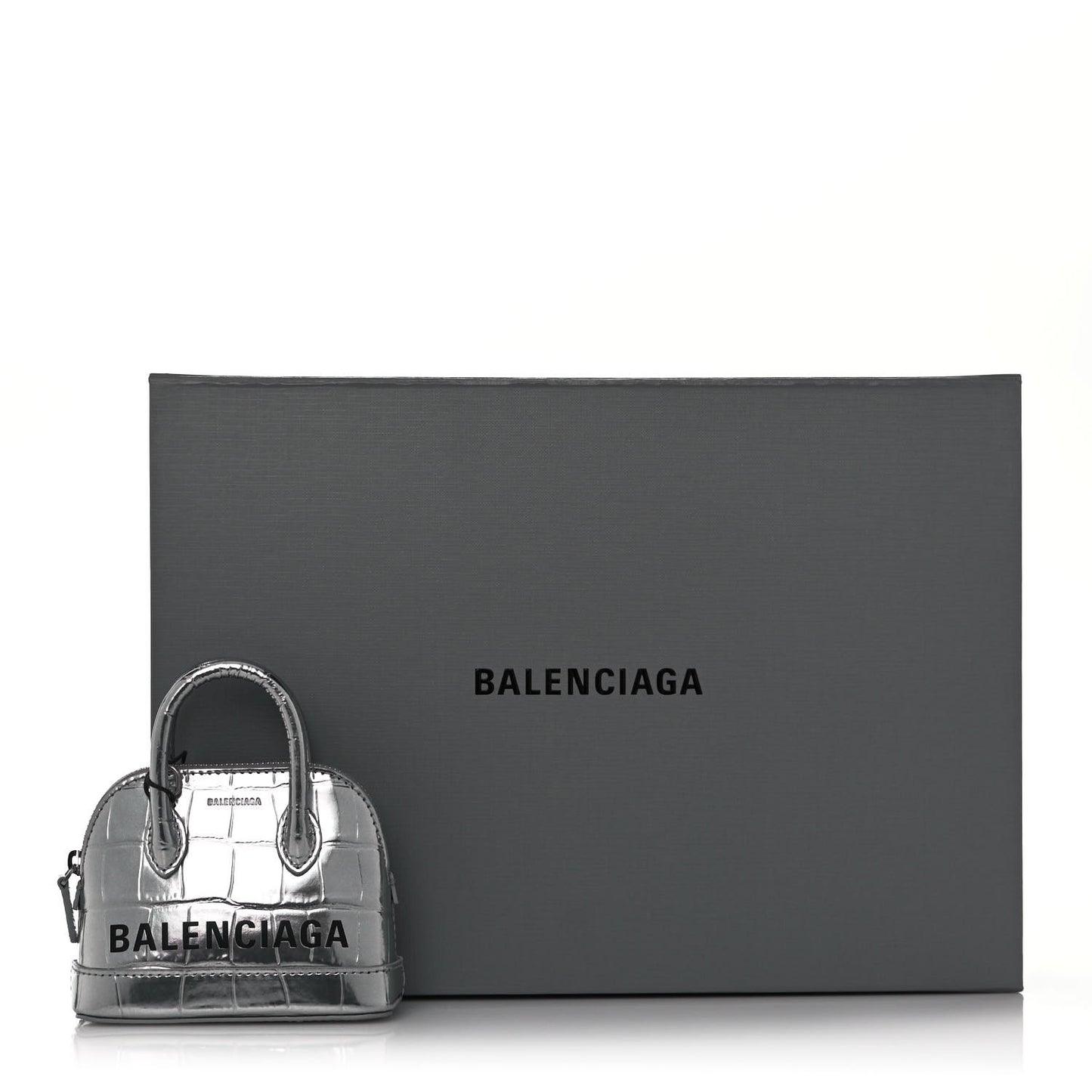 Metallic Calfskin Logo Crocodile Embossed Mini Ville Top Handle Bag Silver Black