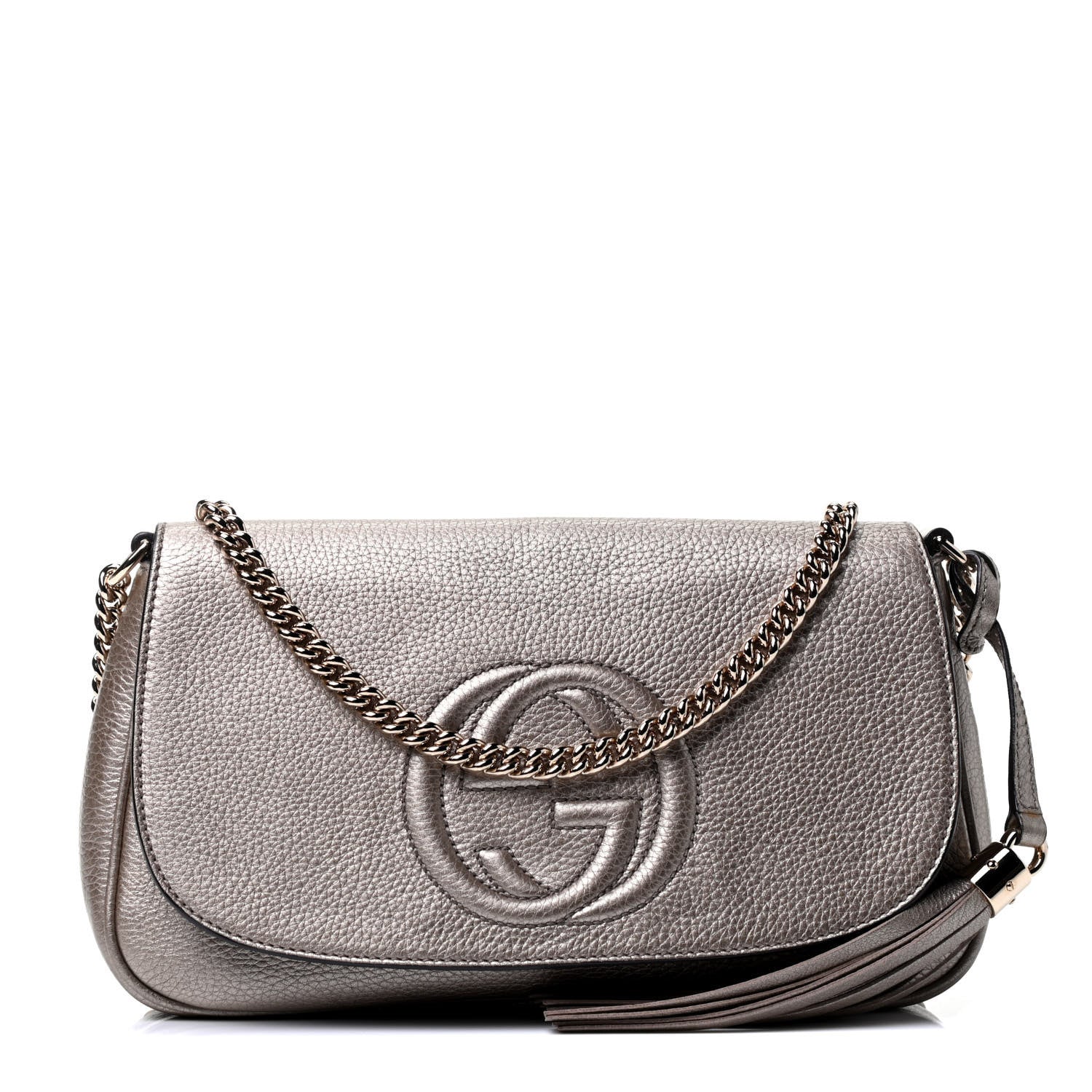 Gucci Metallic Pebbled Calfskin Medium Soho Flap Crossbody Golden Beige 1 of 4
