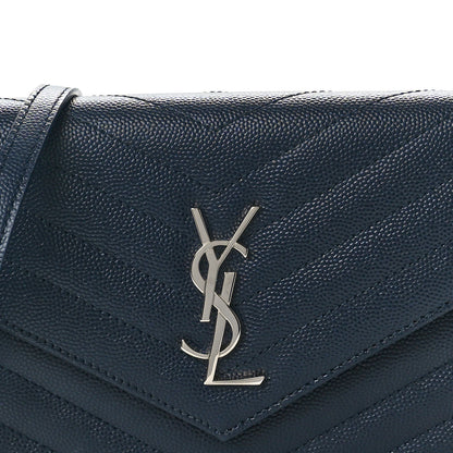 Saint Laurent Grain De Poudre Matelasse Chevron Monogram Envelope Chain Wallet Navy 7 of 9