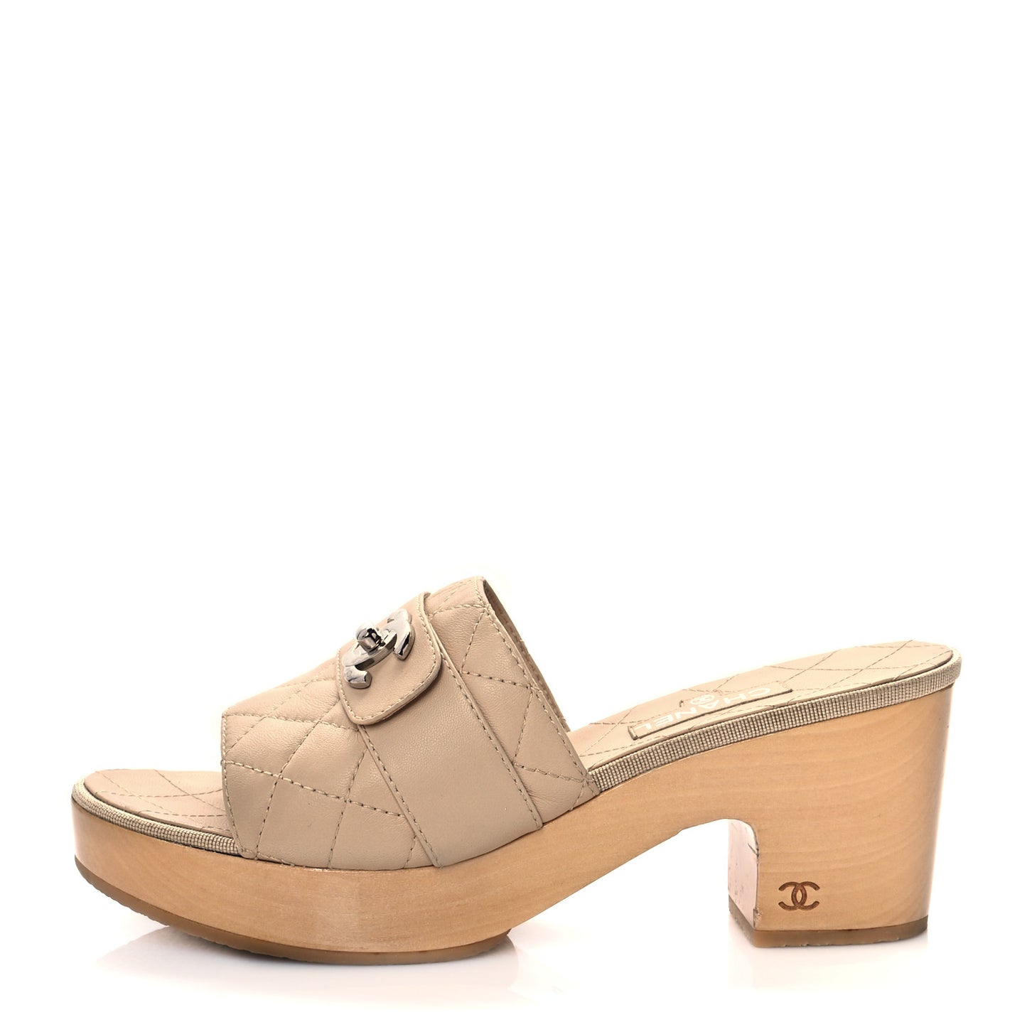 Lambskin Quilted Turn Lock CC Platform Mule 40 Beige