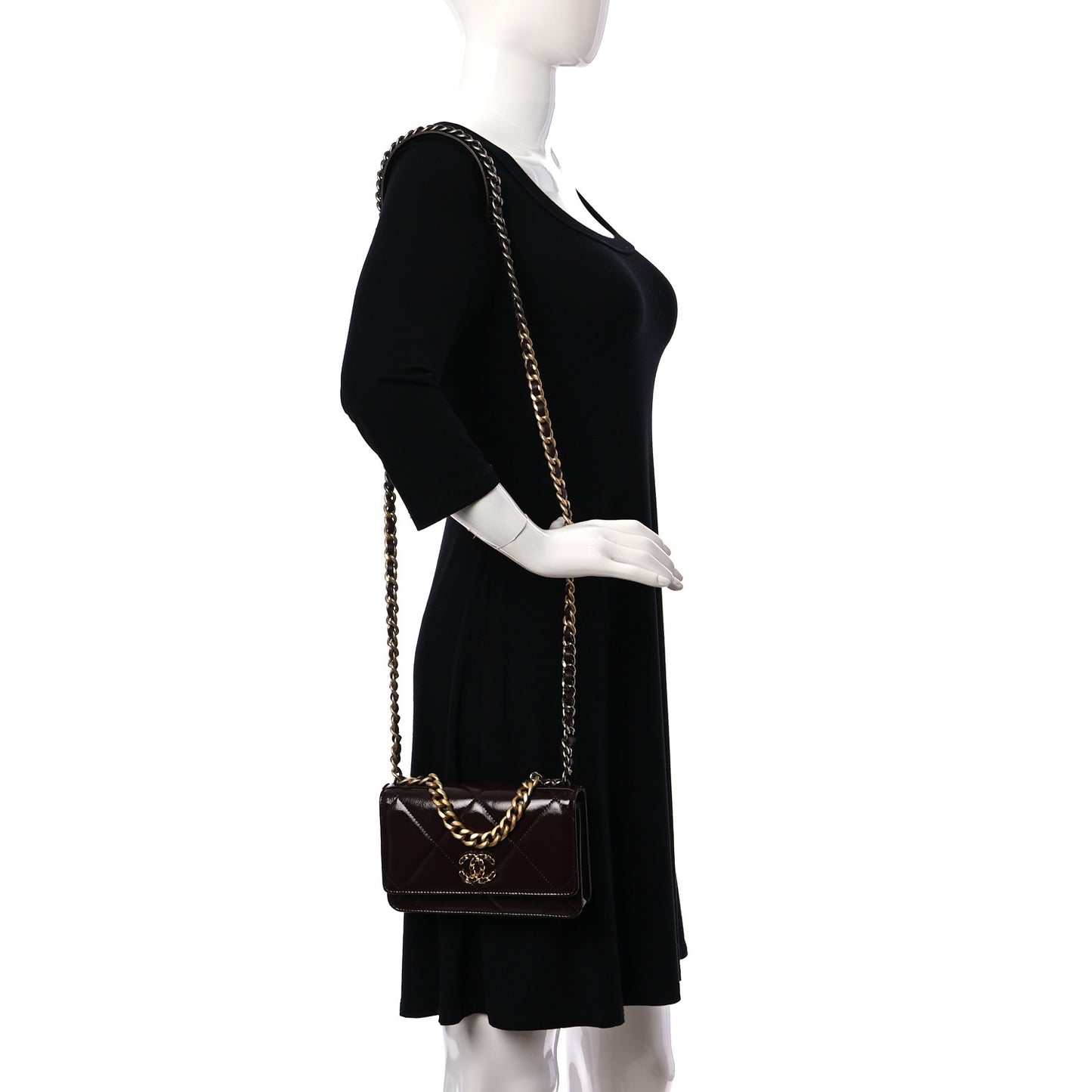 Shiny Crumpled Calfskin Quilted Chanel 19 Wallet On Chain WOC Burgundy