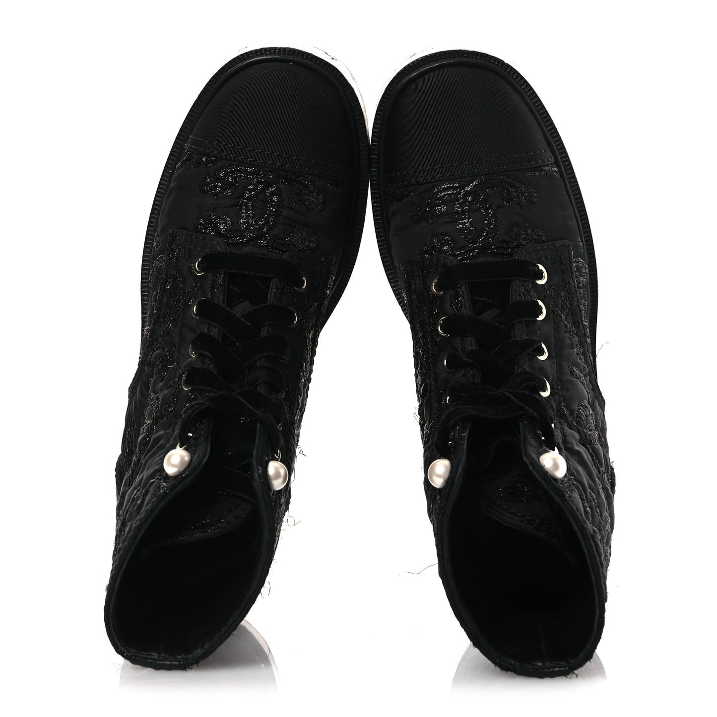 Grosgrain Tweed Pearl CC Combat Short Boots 39 Black