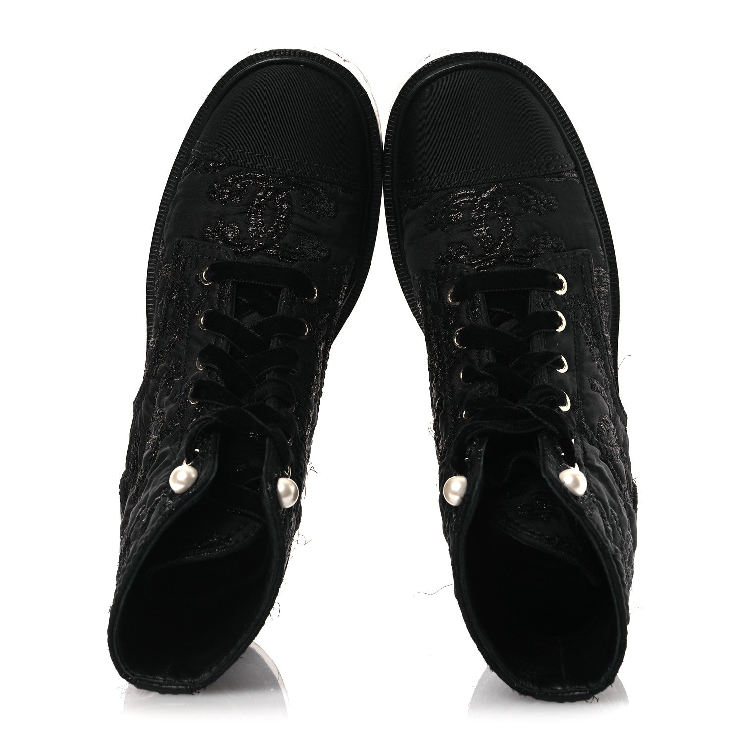 Chanel Grosgrain Tweed Pearl CC Combat Short Boots 39 Black 2 of 13