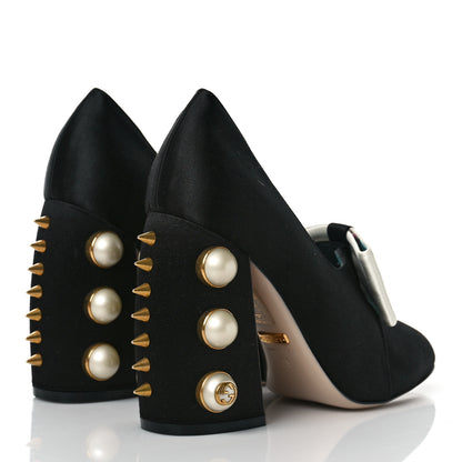Gucci Silk Satin Pearl Studded Luna Bow Pumps 36 Black Gold 4 of 8