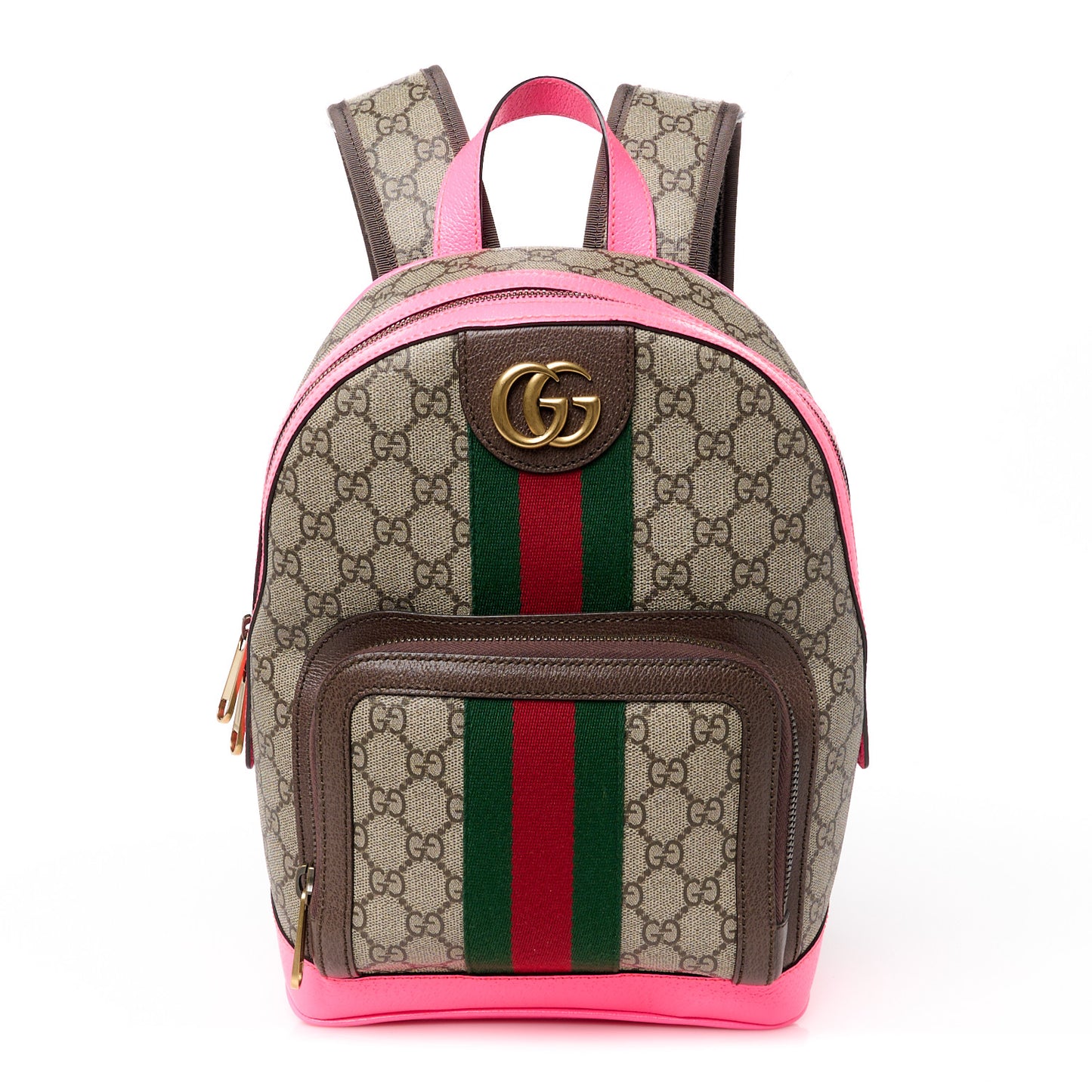 GG Supreme Monogram Textured Dollar Calfskin Web Small Ophidia Day Backpack Beige Ebony Fluorescent Fuchsia