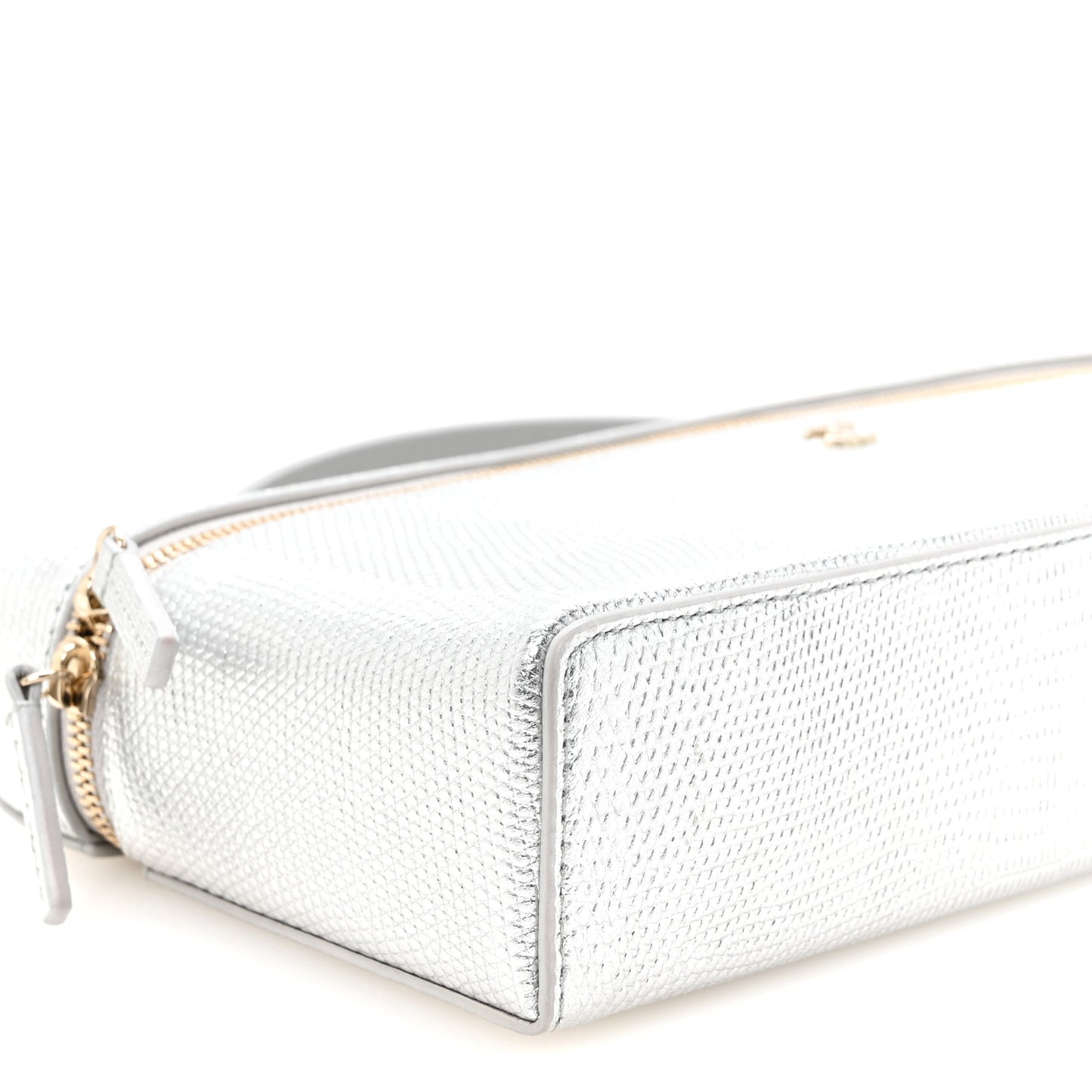 Lizard Embossed Calfskin Top Handle Slim Vanity With Chain Silvery