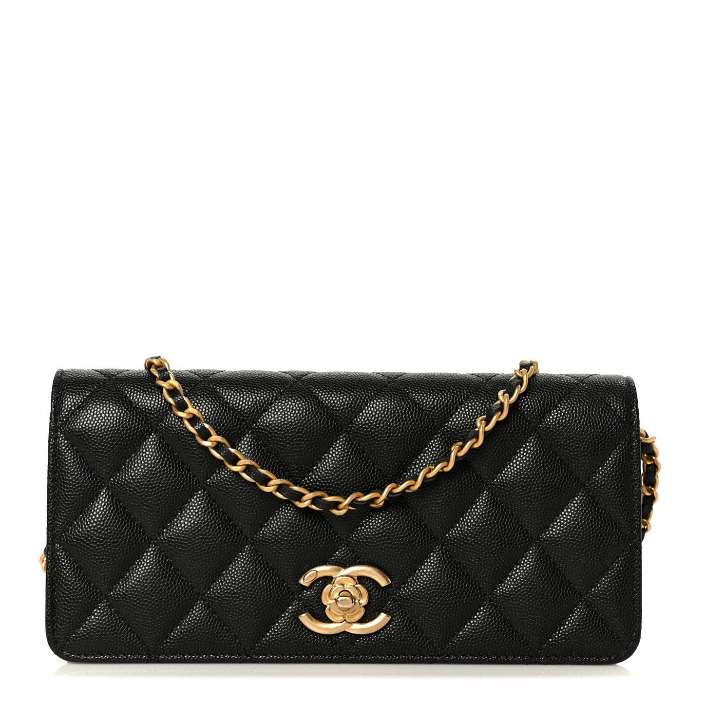 Caviar Quilted Camellia Clutch With Chain Black