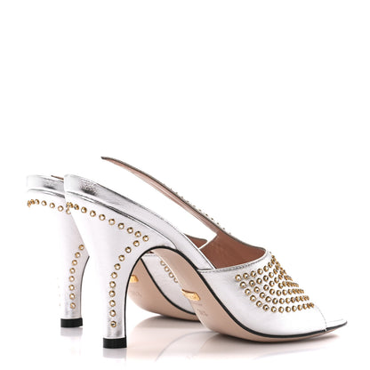 Gucci Metallic Calfskin Crystal Studded Fedra Mule Sandals 36.5 Silver 4 of 8