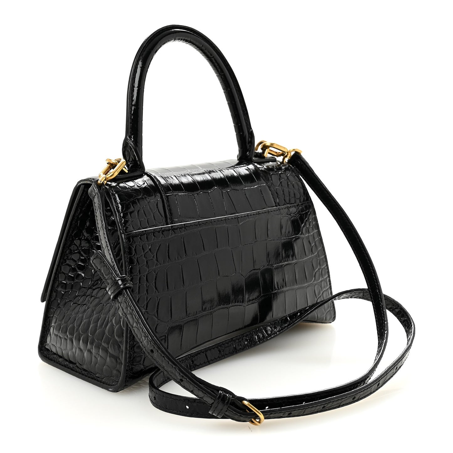 Shiny Calfskin Crocodile Embossed Small Hourglass Top Handle Bag Black
