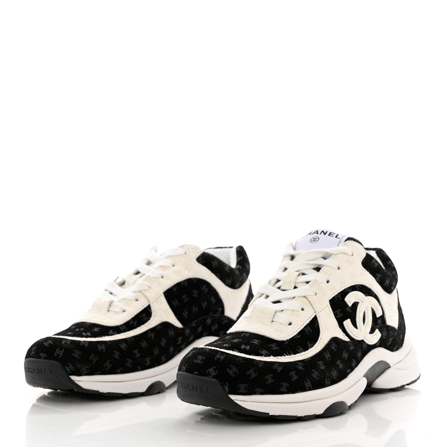 Chanel Nylon Suede Calfskin Printed CC Sneakers 39 White Black 3 of 9