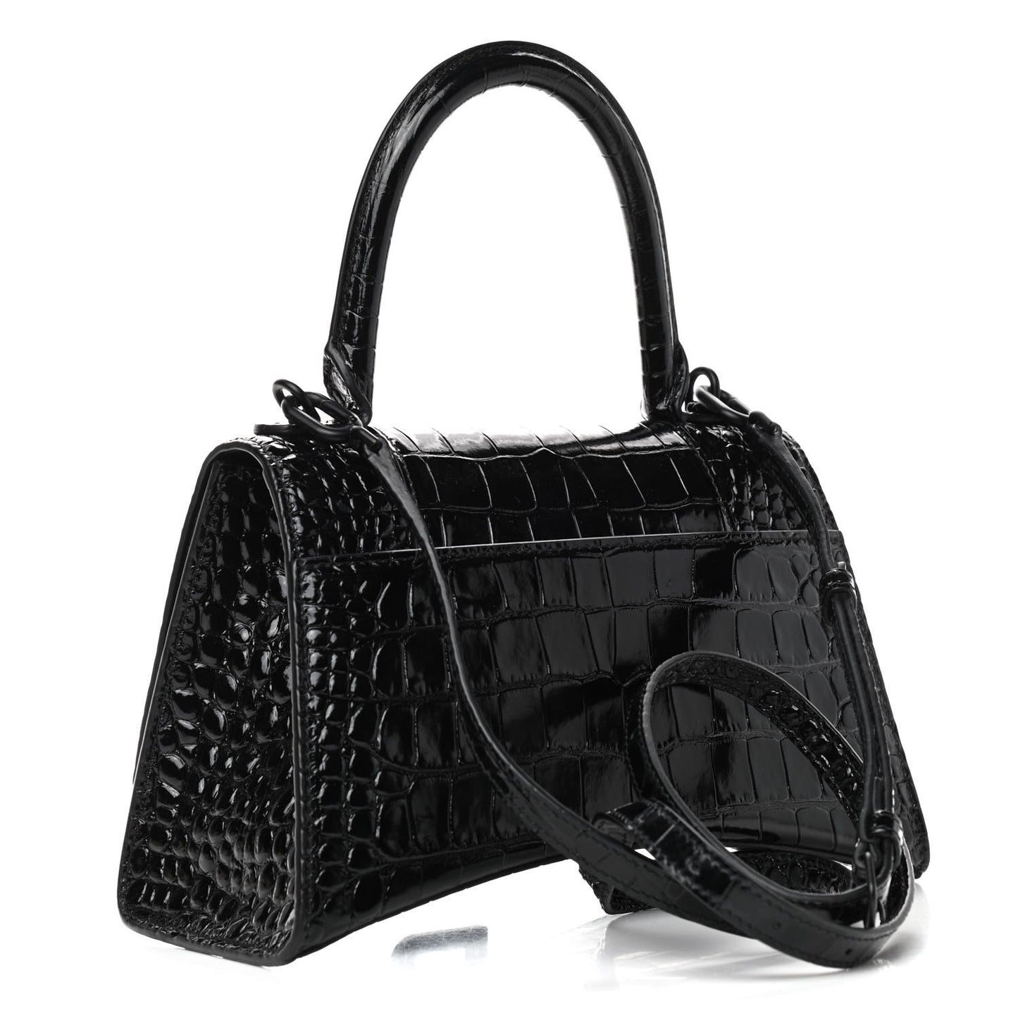 Shiny Calfskin Monochrome Crocodile Embossed Small Hourglass Top Handle Bag Black