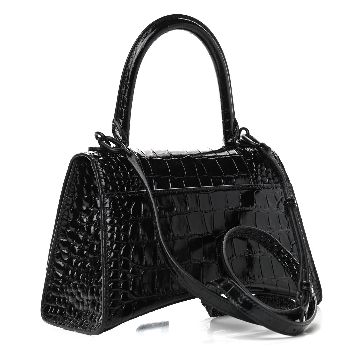Balenciaga Shiny Calfskin Monochrome Crocodile Embossed Small Hourglass Top Handle Bag Black 3 of 8